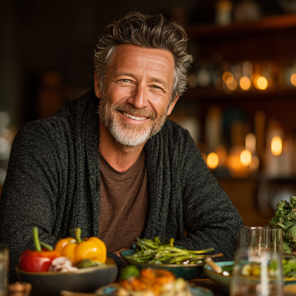 A cheerful man in his early 50s with salt-and-pepper hair enjoying a healthy colorful meal at a dining table, surrounded by fresh vegetables and wholesome dishes, looking relaxed and satisfied in a warm home environment