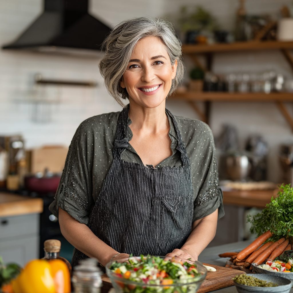 A smiling woman in her late 40s with short gray-streaked hair preparing a colorful fresh salad in a modern bright kitchen, wearing a casual apron and looking content while cooking healthy food